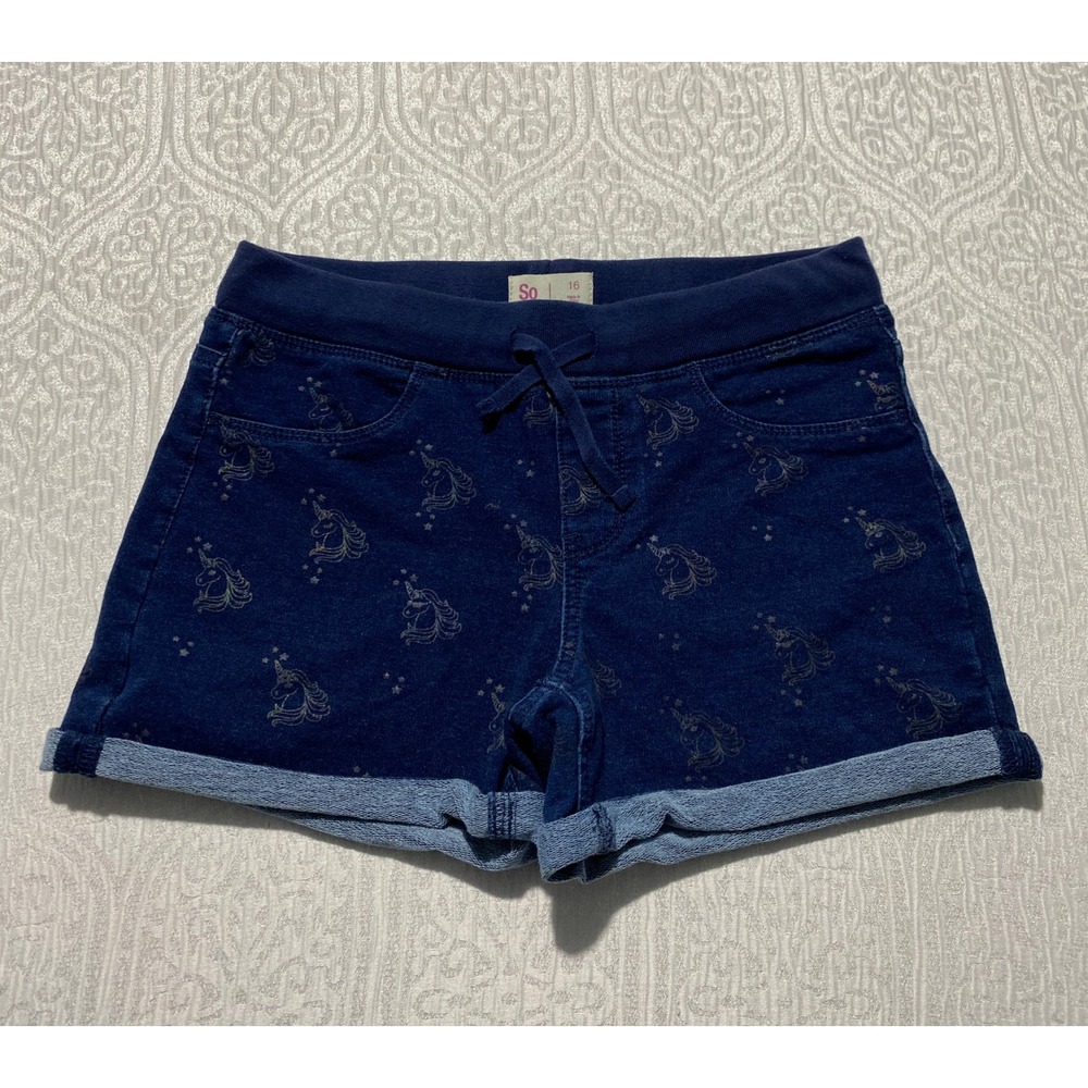 SO Girls Navy Blue Unicorn Print Stretch Denim Pull On Shorts Size 16 RN111052